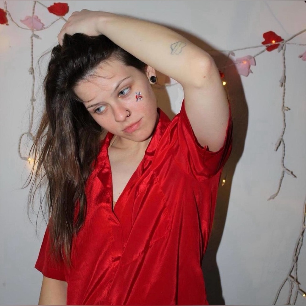 Vibrant Shimmer Red Handmade Satin Vintage Button-up Collared Vibrant Red Blouse